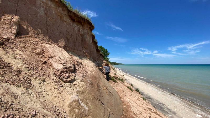 Person on Lake Michigan bluff.