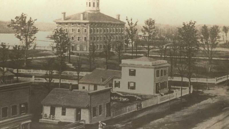 Aerial of Main Hall on Lawrence University campus in 1860