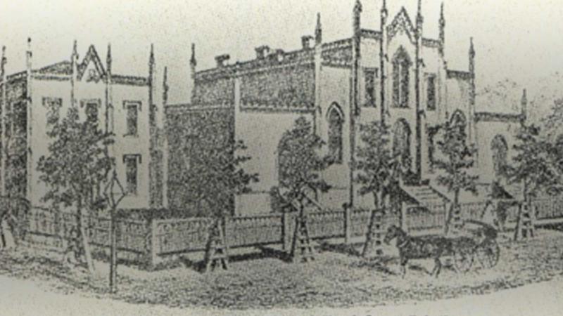 Pencil sketch of Milwaukee Female College with its name and "1861" written across bottom