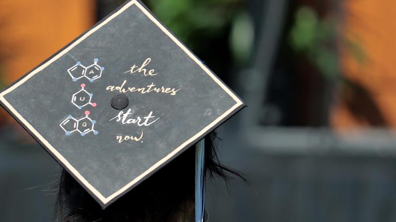 Image of a mortar board with text that reads, "the adventures start now"