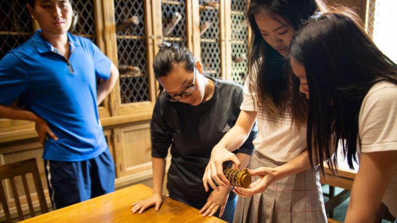 Students work to solve an escape room set up in the Mudd Library during spring term finals. 