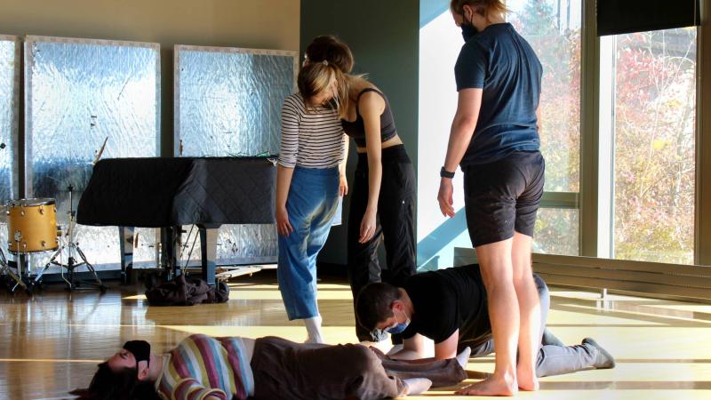 Members of the Dance Collective Ensemble perform in a sunlit room.