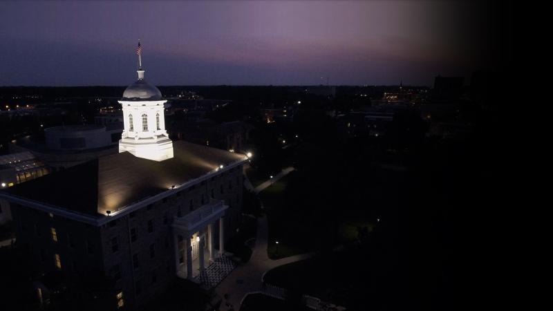 Main Hall lit up at dusk