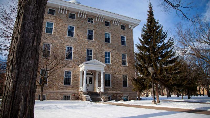 The front of Main Hall is seen after a recent snowfall. 