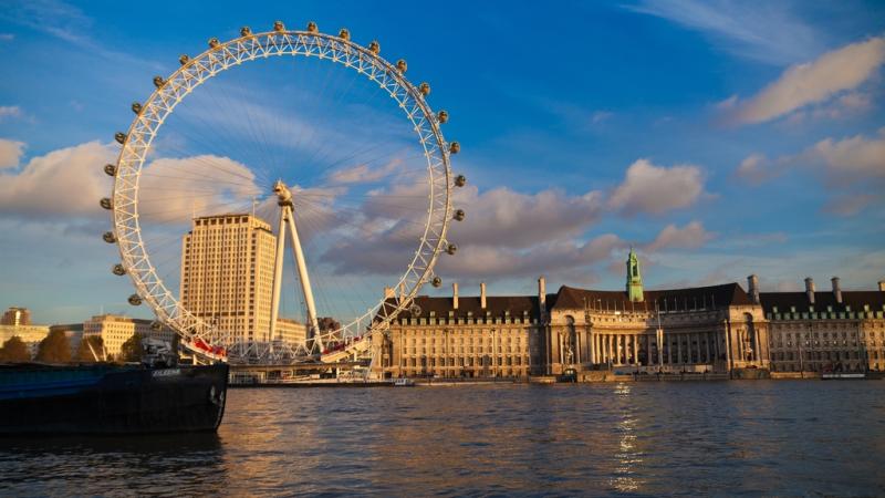 View of London Eye and aquarium from across the water