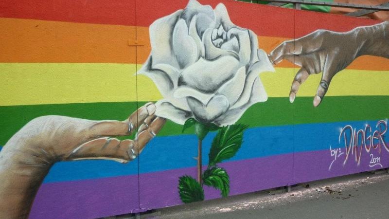 A mural in Potsdam featuring a white rose being touched by two different hands. This is overlaid on a rainbow background.