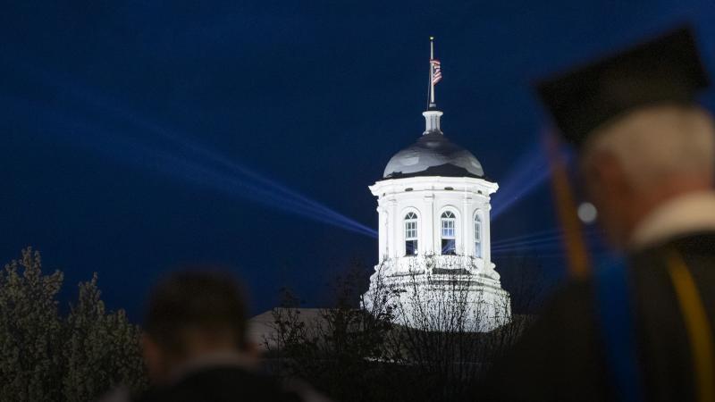 Main Hall cupola lit up at night following the Inauguration ceremony of President Laurie A. Carter