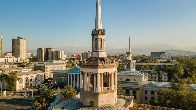 Spire of main building of International University of Kyrgyzstan in Bishkek.