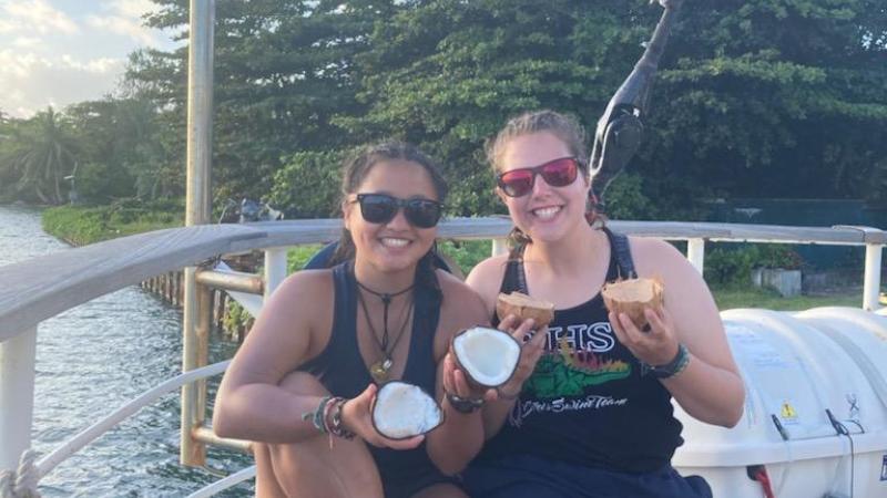Katie Mahorney and Emily McFarland pose for a photo on the ship.