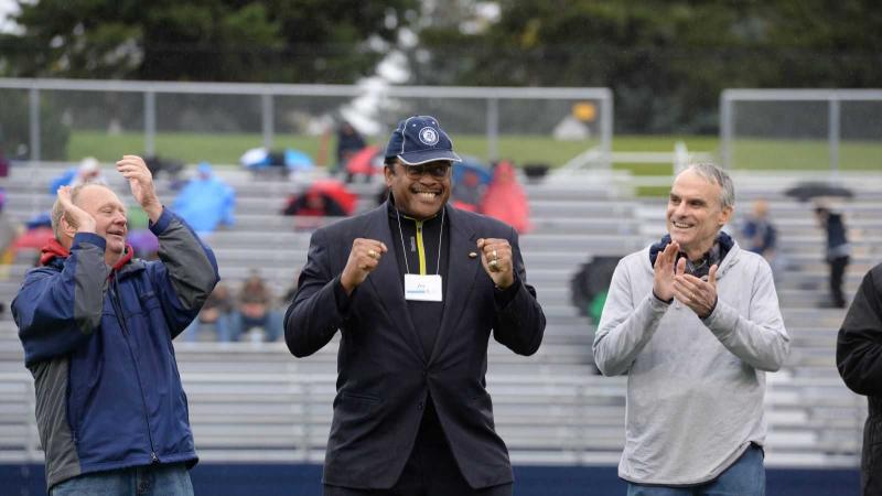 Joe Patterson Jr. pumps his visits during a 2017 Hall of Fame celebration in the Banta Bowl.