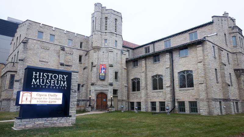 Outside of the History Museum at the Castle, at the corner of College Avenue and Drew Street.