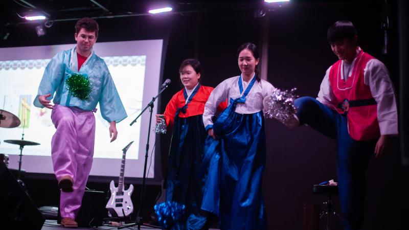 The Korean Culture Club gives a cultural presentation during a celebration of Lunar New Year.