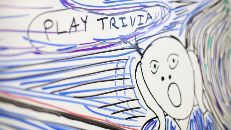 Play Trivia is part of whiteboard art in the trivia headquarters.