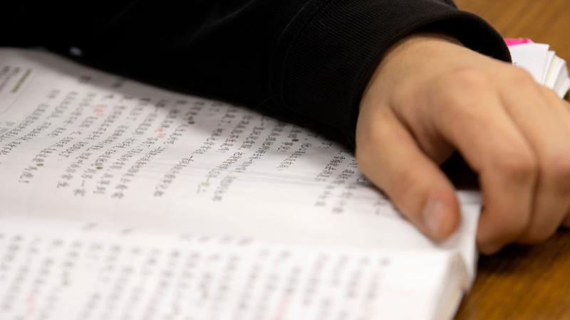 Book written in Chinese and arm resting on book