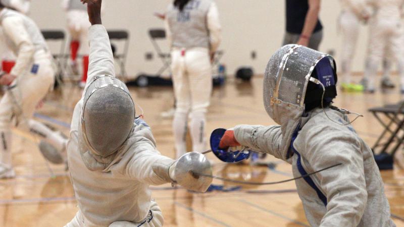 Aaron Reese competes in a men's saber match.