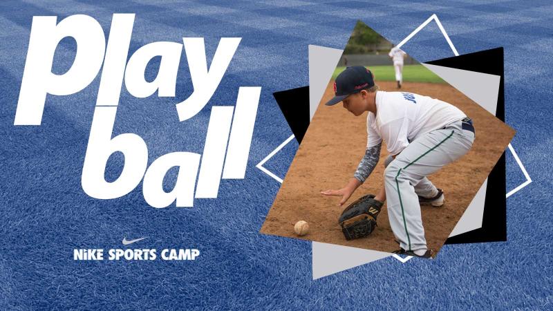 Nike Baseball Camp promo with youth fielding a baseball and text says Play Ball