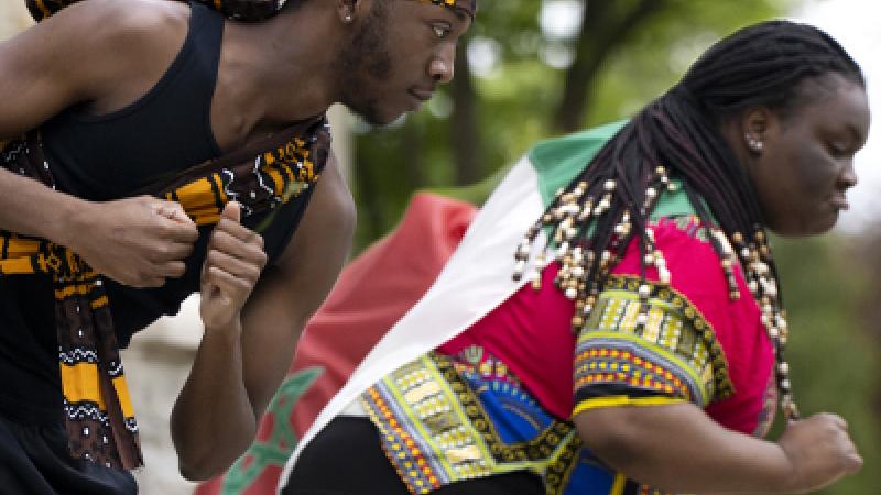 Two students dancing on Main Hall Green for LUaroo