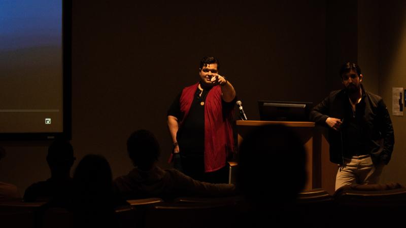 Jacob Dalton points to the audience as he talks about filmmaking in Warch Cinema.