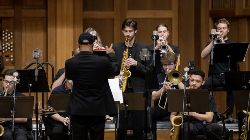The Jazz Band follows the direction of Jose Encarnacion during a Jazz Celebration Weekend performance.