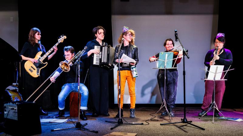 Six members of The Klezmommies perform at Klezmer on Ice in Minneapolis.