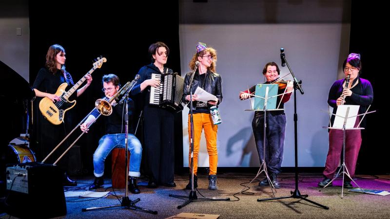 Six members of The Klezmommies perform at Klezmer on Ice in Minneapolis. 