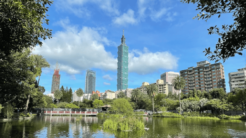 Taiwan cityscape with pond in foreground