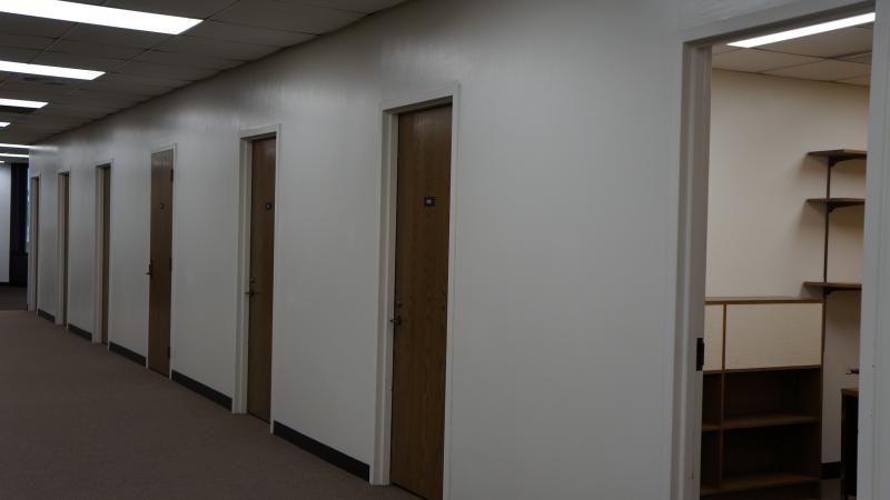 Row of doors to student office with one door open.