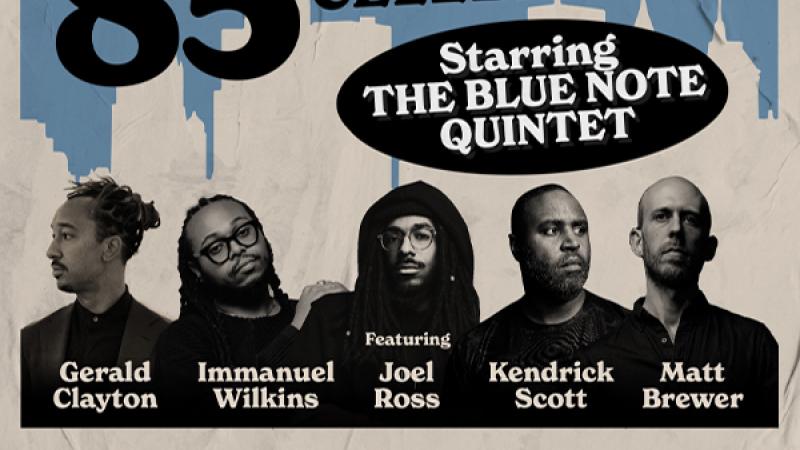Blue Note 85th Anniversary Graphic with Quintet profile portrait