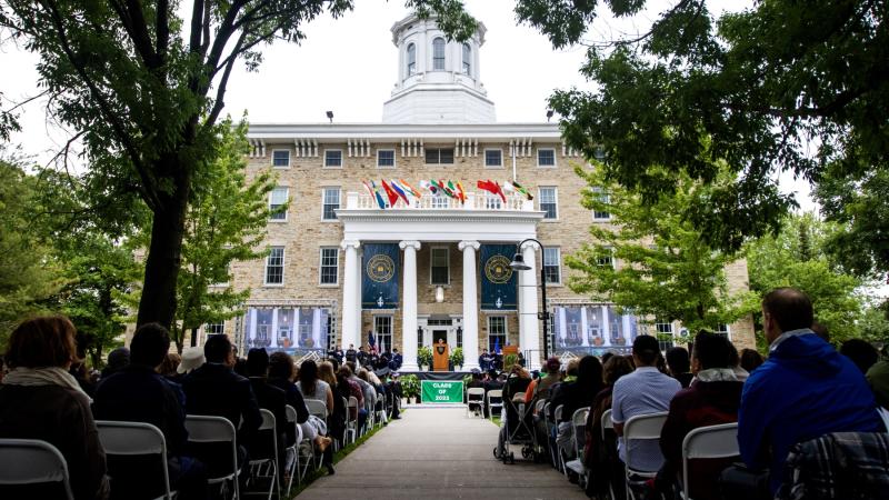 Main Hall provides a beautiful backdrop for Commencement 2023.