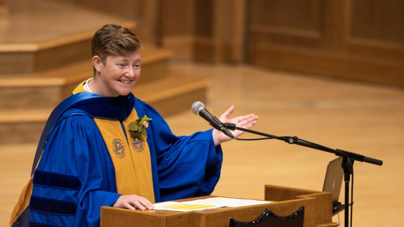 Constance Kassor speaks in Memorial Chapel on Buddhist pilgrimages during Honors Convocation at the close of Spring Term. (Photo by Danny Damiani)
