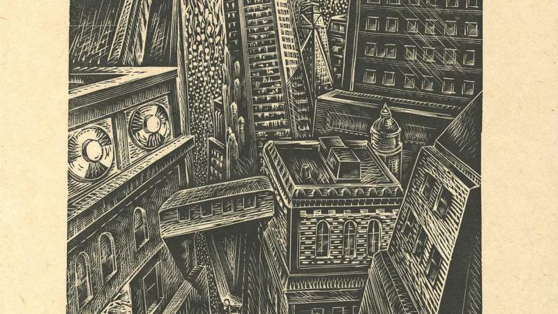 A black and white print of the upper stories of tall city buildings, with a slightly skewed perspective.