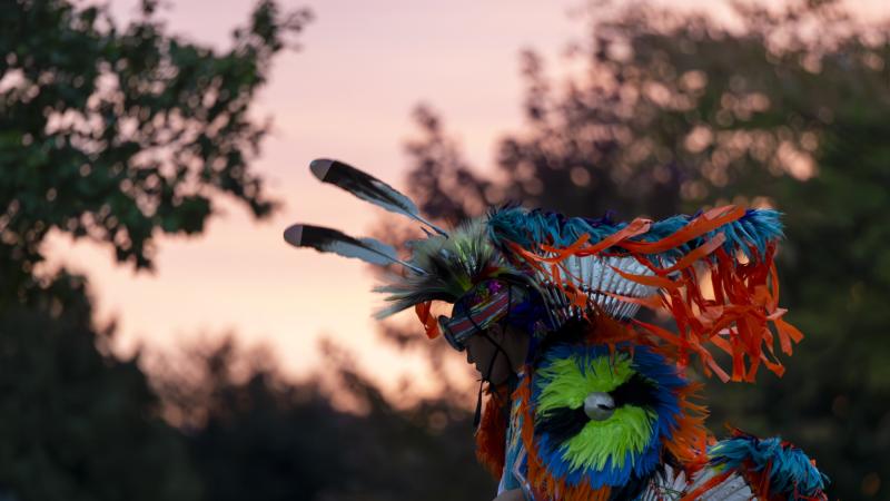 A dancer performs during the 2023 Indigenous Peoples' Day Celebration on Main Hall Green.