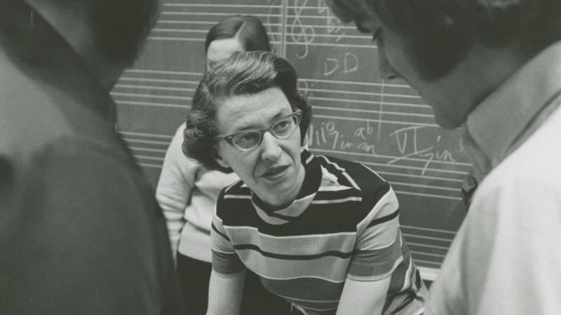 Marjory Irvin speaks with students in class in the early 1970s.
