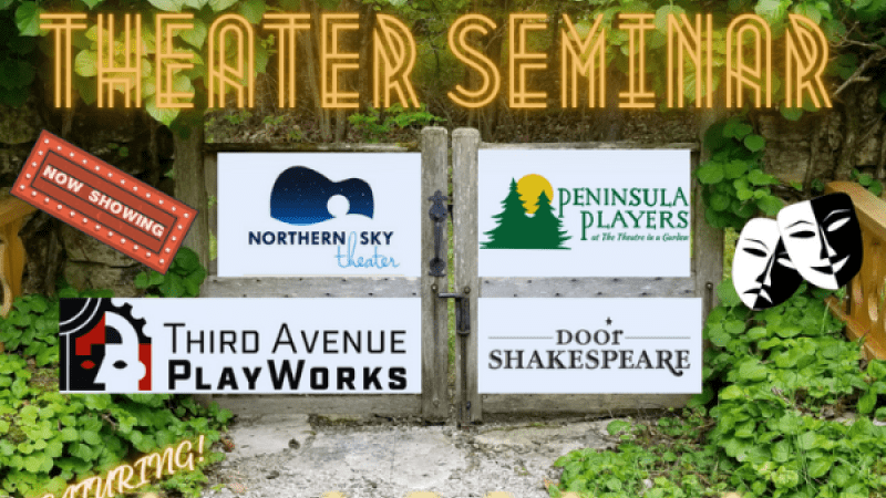 four theater logos over a garden gate