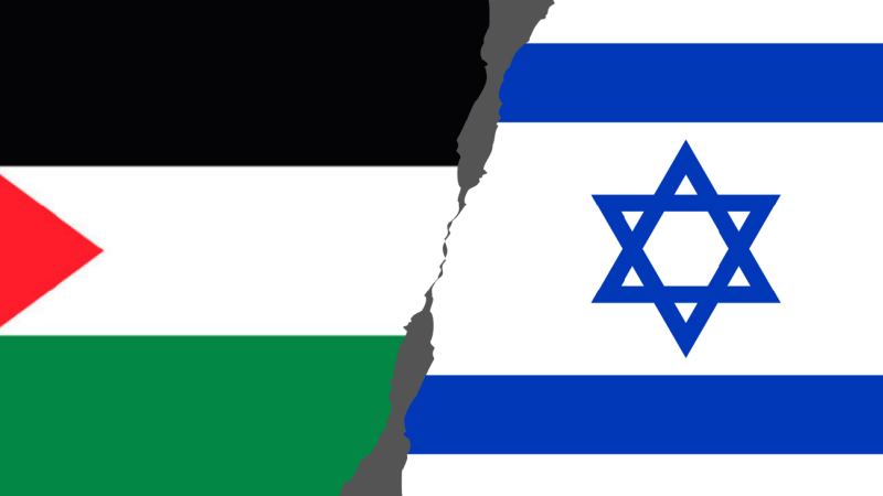 Flag that is half Palestinian and half Israeli, cracked in half