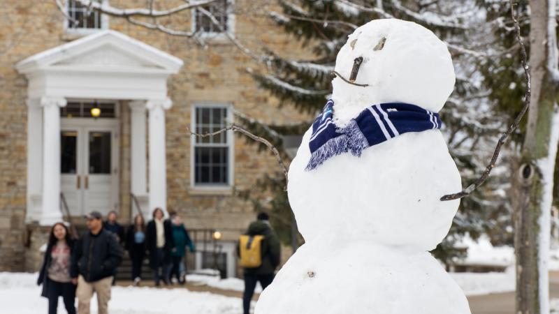 A giant snowman was built on Main Hall Green.