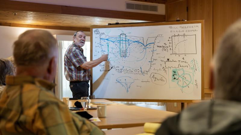 seminar leader explains geology on a whiteboard