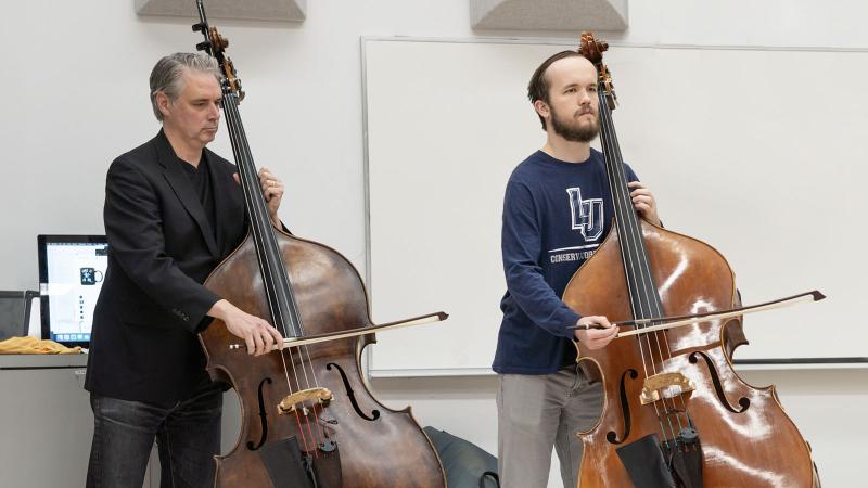 Bass Studio with faculty and student playing