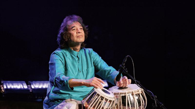 Publicity photo of Zakir Hussain on tabla.