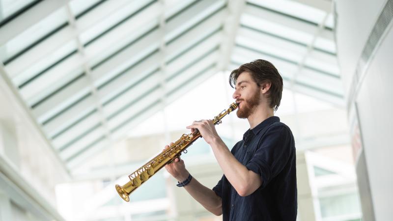 Evan Ney performs in the Music-Drama Center.