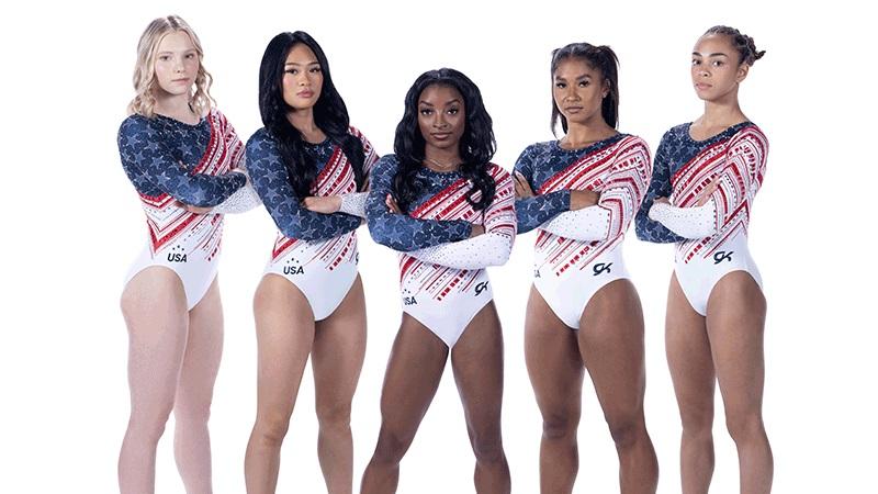 Team USA gymnasts model the newly unveiled leotards for the Summer Olympics.