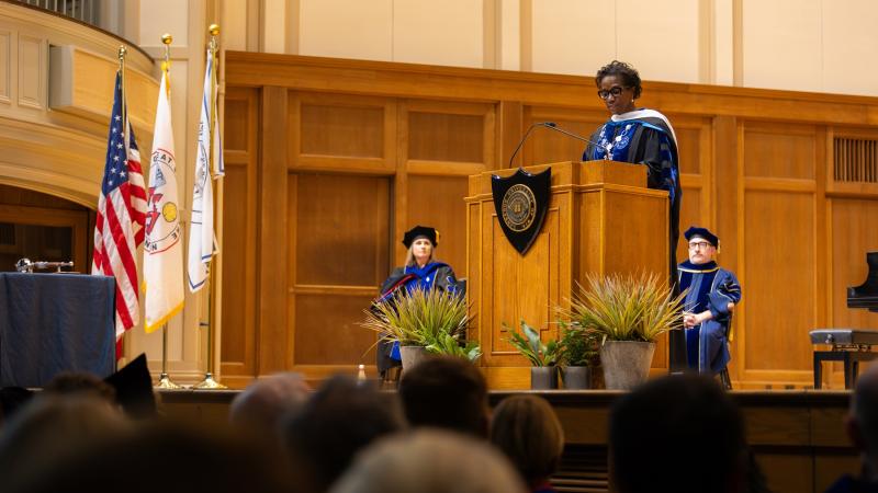 President Laurie A. Carter speaks during the 2024 Matriculation Convocation in Memorial Chapel.