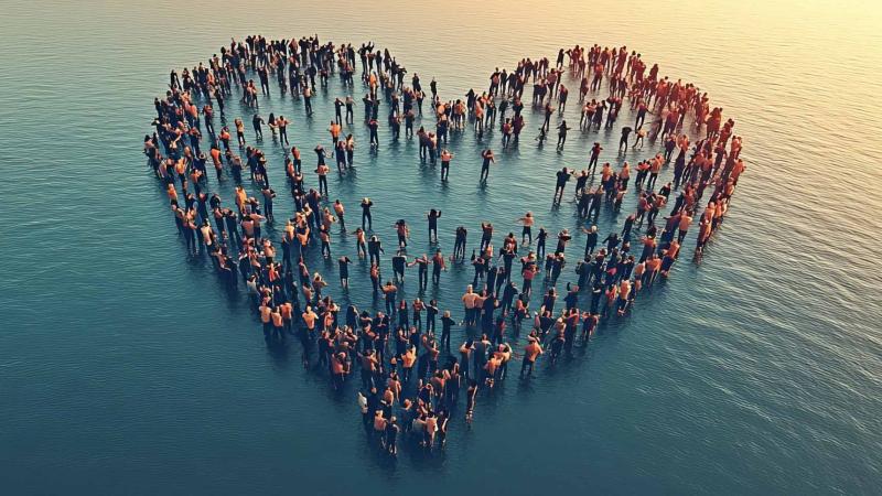 People standing in water and as a group they form a heart shape that can be seen from above
