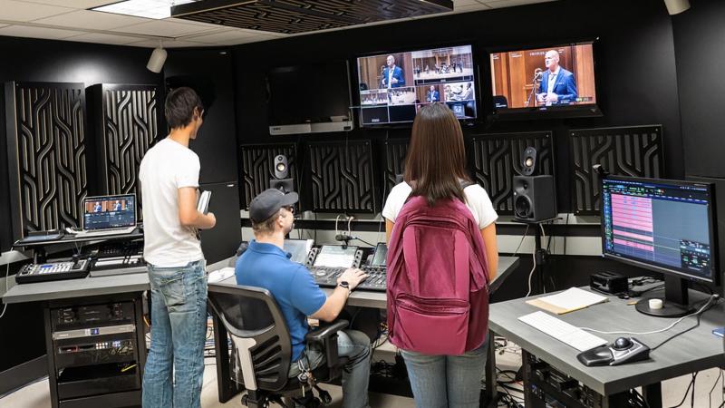 Students and faculty in music and Memorial Chapel video production studio.