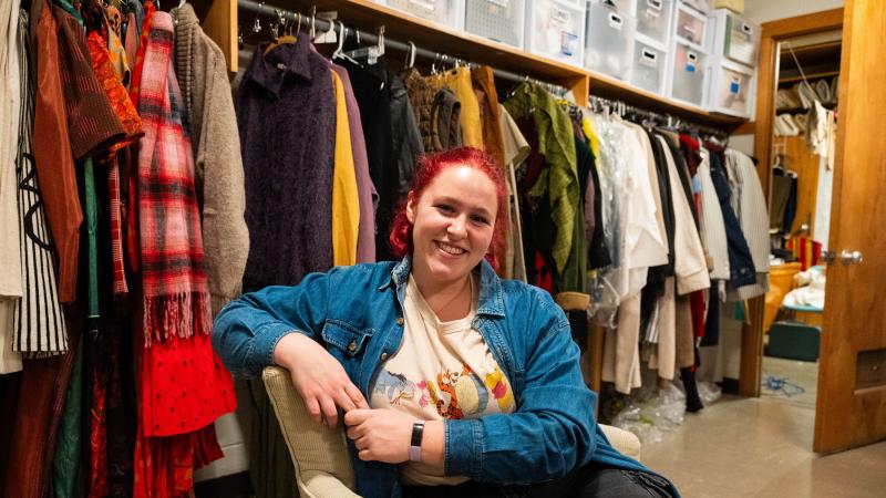 Jordan Wallin-Swanson hangs out in the costume shop in Lawrence's Music-Drama Center.