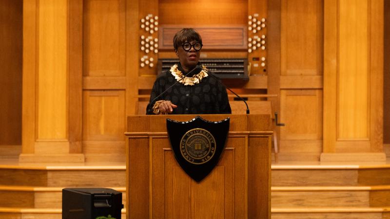 Patricia Smith delivers her Convocation address from the stage of Memorial Chapel.
