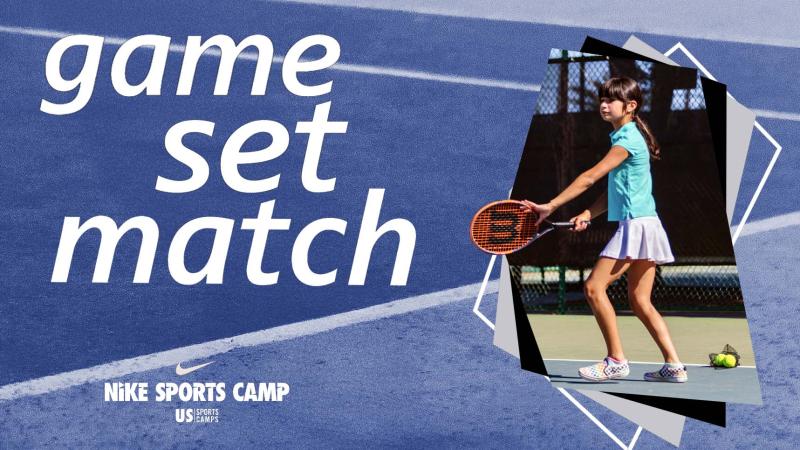 LU Athletics Summer Camp - Tennis - graphics with a kid playing tennis and Game Set Match text