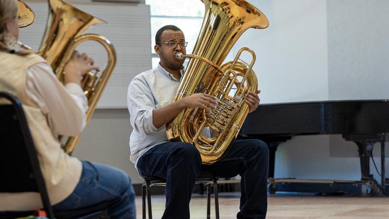 Zach Marley, Conservatory Faculty member, leads a tuba and euphonium studio practice session