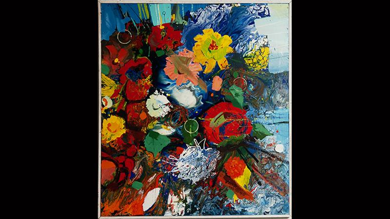 Abstract painting of a bunch of flowers with vibrant colors and dynamic brushstrokes. Dominant hues include reds, yellows, blues, and greens,The flowers are not depicted realistically but rather suggested through bold, expressive marks. 