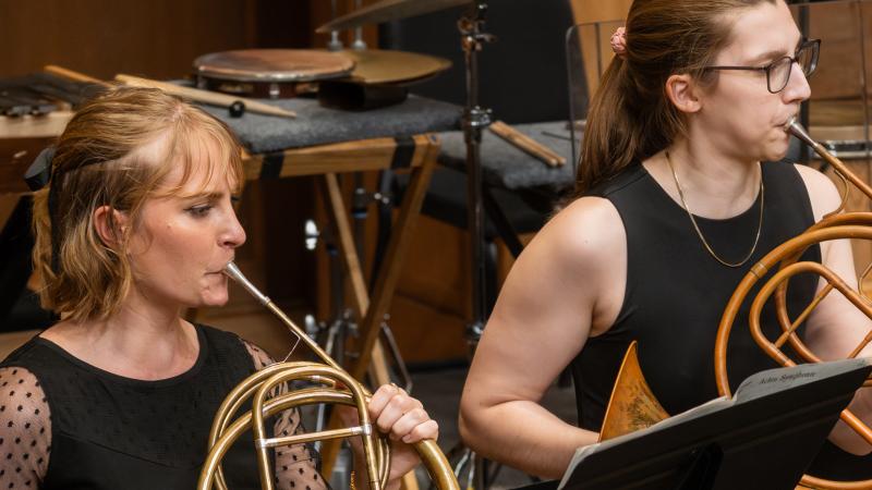 A couple of musicians playing Baroque horns in concert.